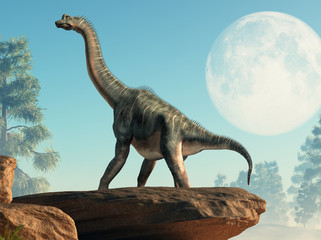Aufkleber - Brachiosaurus was a sauropod dinosaur, one of the largest and most popular. It lived in during the Late Jurassic Period. Standing under a full moon. 3D Rendering
