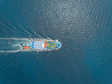 Aerial View Of Passenger Ferry Boat In The Mediterranean Sea, Rhodes Island, Greece.