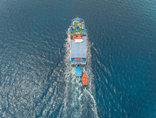 Aerial View Of Passenger Ferry Boat In The Mediterranean Sea, Rhodes Island, Greece.