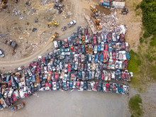 Aerial View Above Of Small Junkyard With Rusty Cars, Wasilla, Alaska.