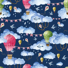 Watercolor Pattern With Balloons And Clouds