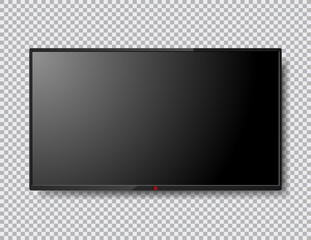 Realistic Tv screen isolated illustration with red button. lcd panel. Computer monitor display mock up. 4k Television template. Vector