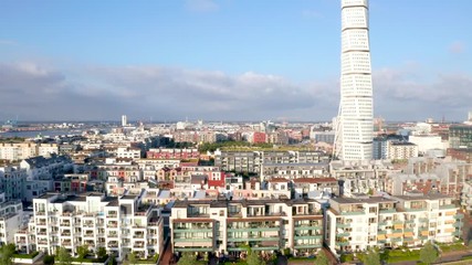 Wall Mural - aerial malmo view from near the coastline at western harbor and turning torso skyscraper.