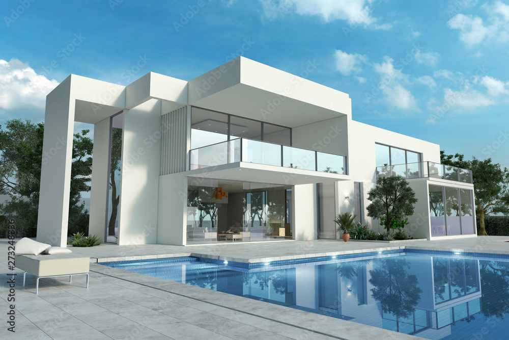 Impressive white modern house with pool - obrazy, fototapety, plakaty 