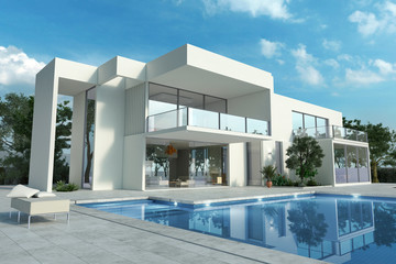 Wall Mural - Impressive white modern house with pool