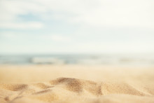 Summer Tropical Sand Beach And Bokeh Sun Light On Sea Background, Copy Space.