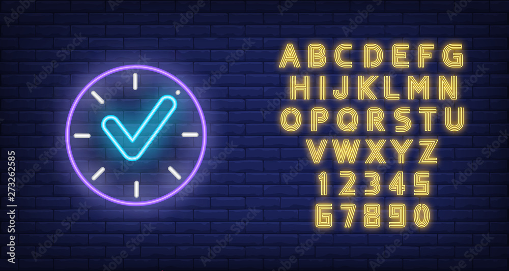 Clock face neon sign. Time and round clock service advertisement design ...