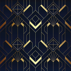 Wall Mural - Abstract art deco seamless blue and golden pattern