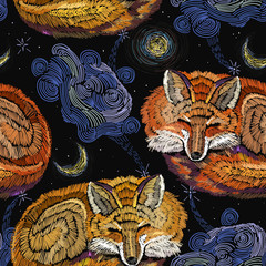  Embroidery sleeping fox and night sky seamless pattern. Fashionable template for design of clothes