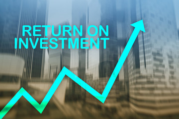 ROI - Return on investment. Stock trading and financial growth concept on blurred business center background.