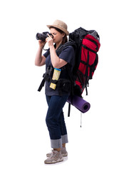 Sticker - Aged female tourist isolated on white 