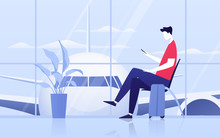 Vector Illustration Of A Young Man With Phone Sitting In The Departure Lounge At The Airport