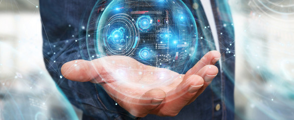 Poster - Businessman using digital technological interface with datas 3D rendering