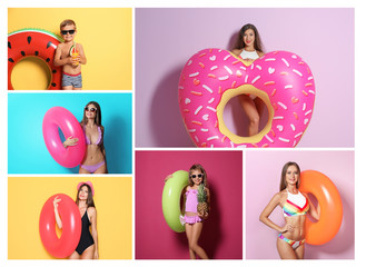 Poster - Set of people with bright inflatable rings on color background