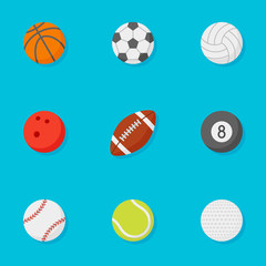 Wall Mural - Set of sports balls flat style icons isolated on blue background. Vector illustration.