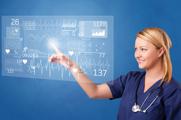 Wall Mural - Doctor touching hologram screen displaying healthcare running symbols
