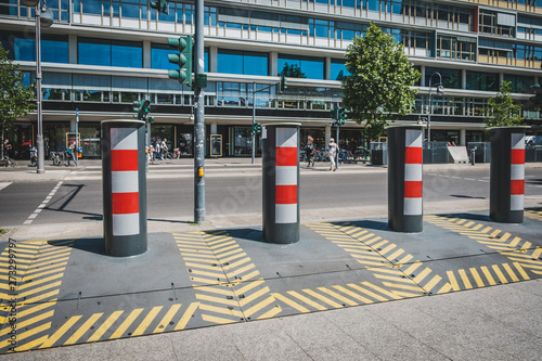 Cuadros en Lienzo Anti terror truck stop protection on sidewalk by barricades as a follow-up to t