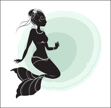 The Beautiful Mermaid Girl Black On Blue Background, The Silhouette