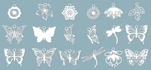 A Set Of Butterfly Patterns, Dragonflies, In The Form Of Pendants. Template With Vector Illustration Of Butterflies. For Laser Cutting, Plotter And Silkscreen Printing.