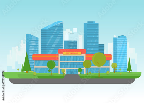 Supermarket store building. Store building near park with trees and big city skyscrapers on background. Flat vector illustration. Tree and bushes near superstore. Front view of store facade. © ikonstudio
