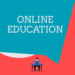 Poster - Writing note showing Online Education. Business concept for study and ethical practice of facilitating learning Man sitting chair desk working laptop geometric background