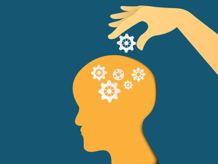 Poster - Hand putting gears with head. Head thinking. Business plan and idea.