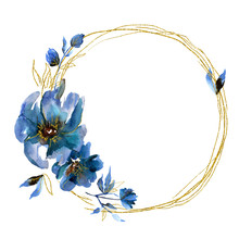 Watercolor Floral Wreath With Blue Flowers And Golden Leaf