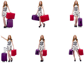 Beautiful woman in polka dot dress with suitcases isolated on wh