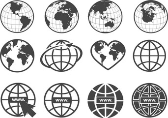 set of earth globe icons in flat and linear design on a white background