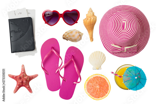Fotografía Summer holiday vacation concept with beach and travel accessories isolated on white background