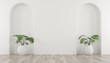 3D stimulate of white room and arch wall design with green plant in vase. Perspective of minimal design.Illustrate.