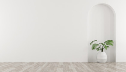 Poster - 3D stimulate of white room and arch wall design with green plant in vase. Perspective of minimal design.Illustrate.