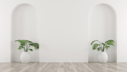Poster - 3D stimulate of white room and arch wall design with green plant in vase. Perspective of minimal design.Illustrate.