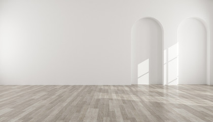 Fototapete - 3D stimulate of empty white room with arch wall design and wood laminate floor, Sun light cast shadow on the wall,Perspective of minimal design.Illustrate.