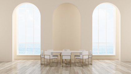 Poster - View of sweet interior space with arch window on sea view background,Dining room with round table on laminate floor. 3d rendering.
