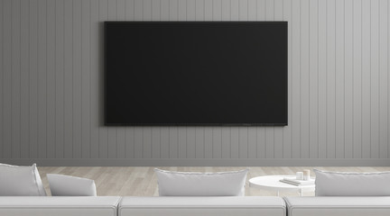Wall Mural - View of living room in minimal style with television on grey laminate wall. Mock-up idea of sitting and watching TV on white sofa, 3D rendering.	