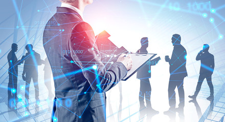 Poster - Businessman with clipboard and team, network