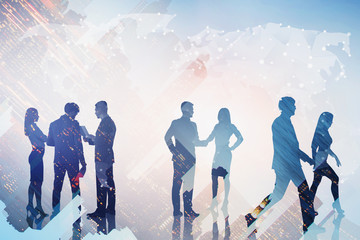 Poster - Business people and world map in city