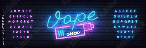 Fotografía Vape shop neon template. Glowing lettering sign Vape shop.