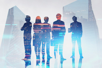 Poster - Business team in city, network interface