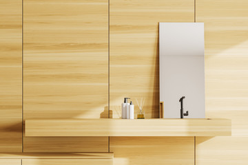 Close up of wooden bathroom sink