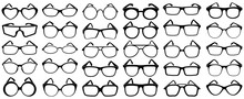 Glasses Silhouette. Rim Sunglasses, Spectacle Frame And Eyewear Silhouettes. Woman And Man Glasses, Hipster Or Geek Spectacles Optical Fashion. Vector Isolated Icons Set