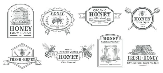 Wall Mural - Natural honey badge. Bees farm label, vintage honey product hand drawn badges and bee emblem. Honey farm stamp logo, bee hive, wax or eco honeycomb insignia. Vector illustration isolated icon set