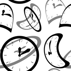 Black silhouette. Seamless pattern. Clock faces with pointers. Deformed and distorted clock face. Flat vector illustration on white background