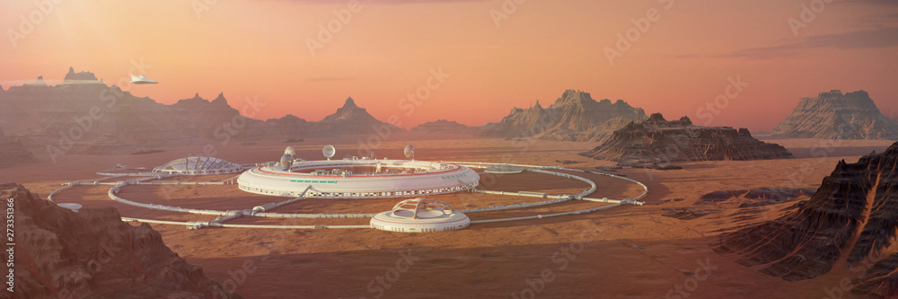 colony on Mars, first martian city in desert landscape on the red planet (3d space illustration banner) - obrazy, fototapety, plakaty 