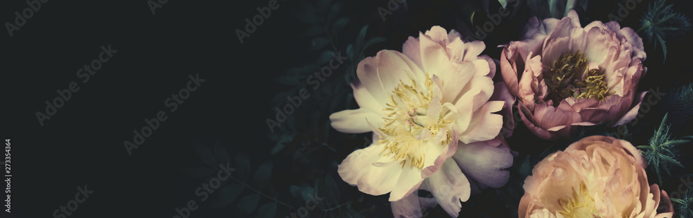 Vintage bouquet of beautiful peonies on black. Floristic decoration. Floral background. Baroque old fashiones style. Natural flowers pattern wallpaper or greeting card - obrazy, fototapety, plakaty 