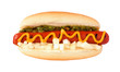 Hot dog with mustard, relish and onions, top view isolated on a white background