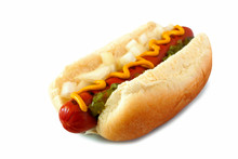 Hot Dog With Mustard, Onions And Relish, Side View Isolated On A White Background