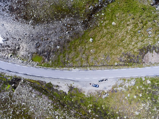 Sticker - Top view of snow road Aurlandsvegen with vehicles having involuntary stop during travel. Norway, Scandinavia