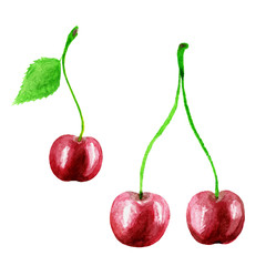 Wall Mural - Cherry watercolor hand draw  illustration. Cherry fruit branch, cherries watercolor isolated on white background.